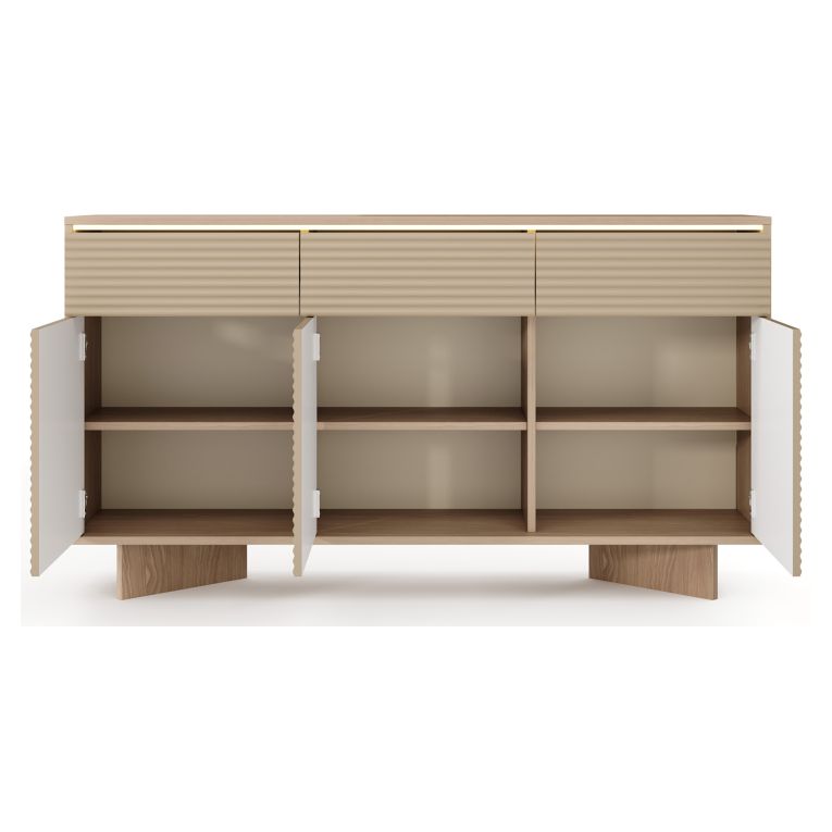 Credenza Marrone Rovere Beige 3 Cassetti 3 Ripiani 154x40x84h cm, Apertura Battente, Scorrevole - Hatareta