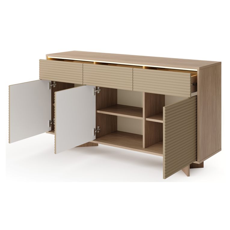 Credenza Marrone Rovere Beige 3 Cassetti 3 Ripiani 154x40x84h cm, Apertura Battente, Scorrevole - Hatareta