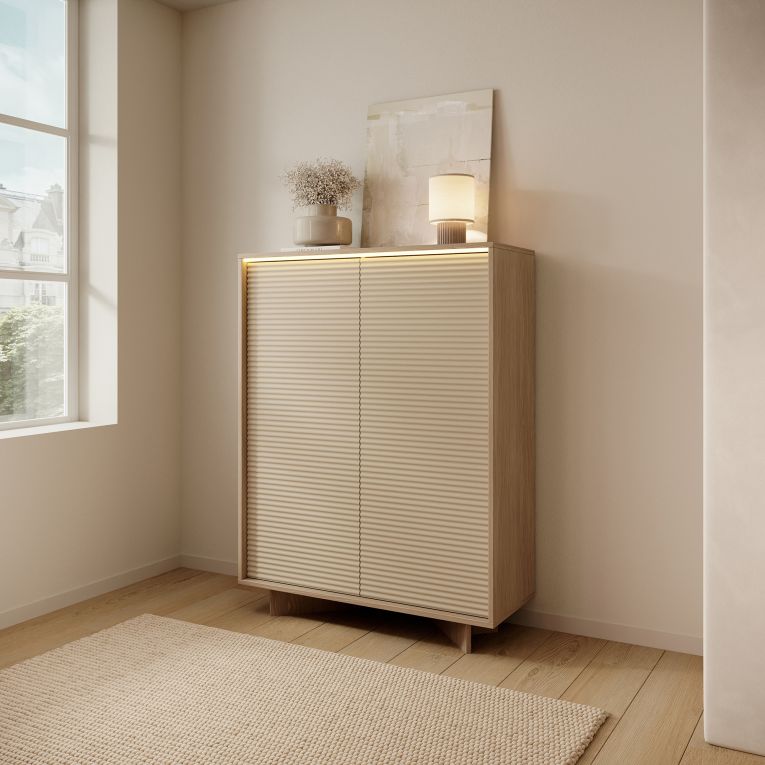 Credenza Marrone Rovere Beige 4 Ripiani Apertura Battente 104x40x138h cm, 2 Ante - Hasota