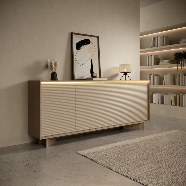 Credenza Marrone Rovere Beige 4 Ripiani Apertura Battente 204x40x84h cm, 4 Ante - Hataga