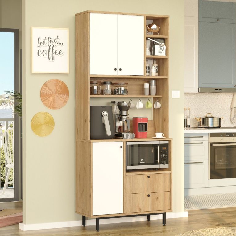 Credenza Marrone Rovere Bianco 2 Cassetti 8 Ripiani 88x36x205h cm, Apertura Battente, Scorrevole - Romallo