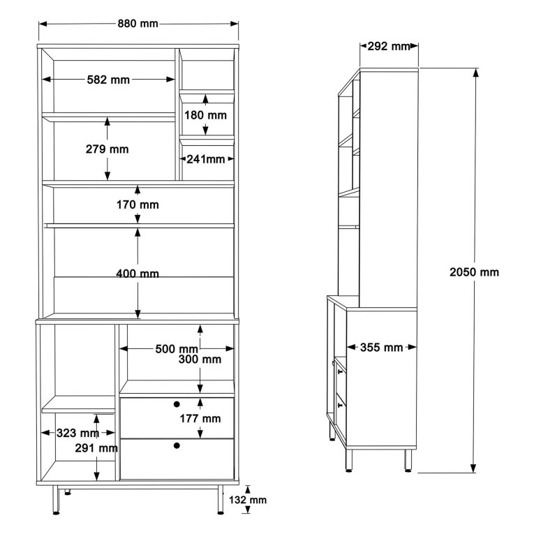 Credenza Marrone Rovere Bianco 2 Cassetti 8 Ripiani 88x36x205h cm, Apertura Battente, Scorrevole - Romallo