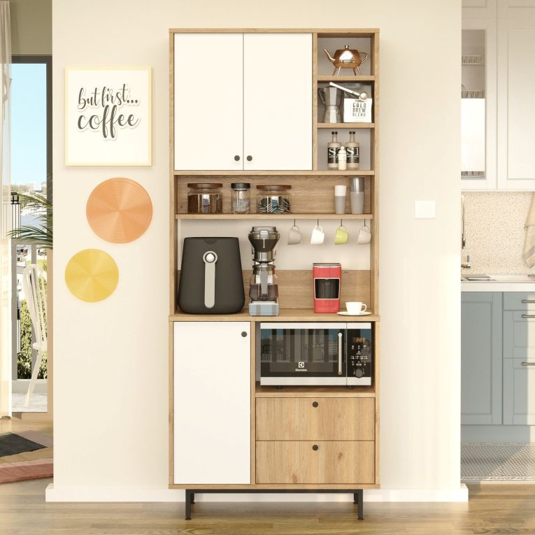 Credenza Marrone Rovere Bianco 2 Cassetti 8 Ripiani 88x36x205h cm, Apertura Battente, Scorrevole - Romallo