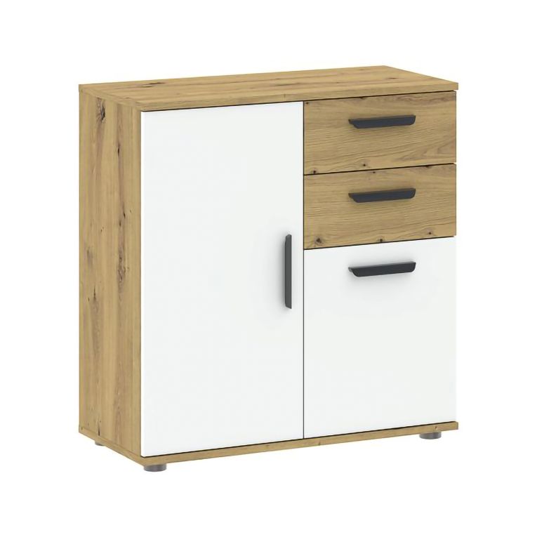 Credenza Marrone Rovere Bianco 2 Cassetti un Ripiano 71x33x75h cm, Apertura Battente, Scorrevole - Leretifa