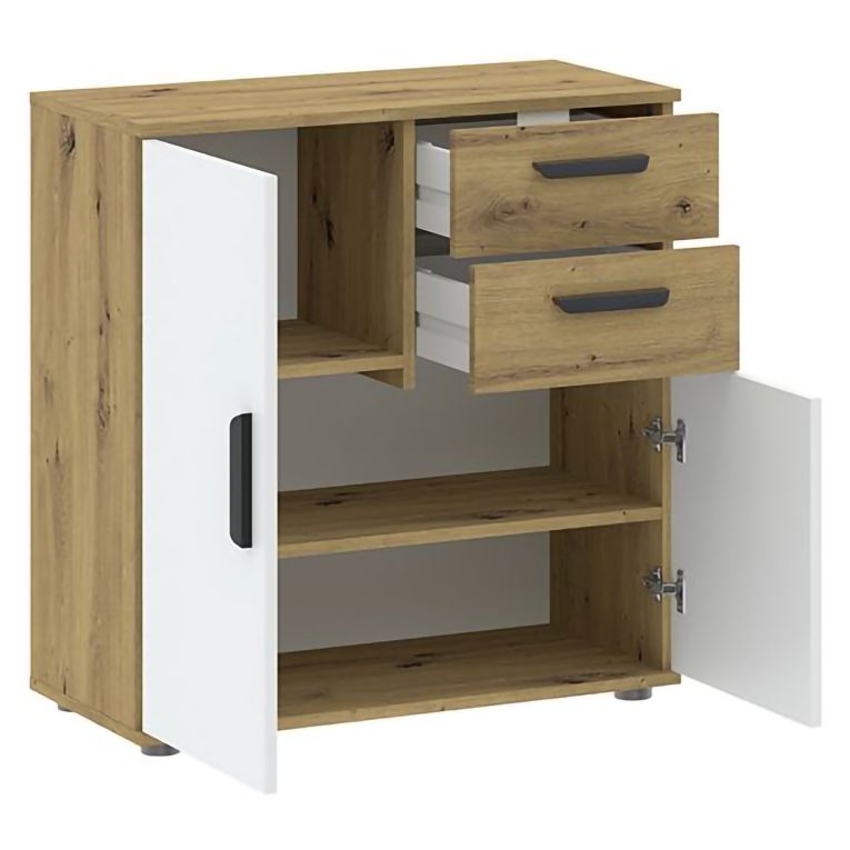 Credenza Marrone Rovere Bianco 2 Cassetti un Ripiano 71x33x75h cm, Apertura Battente, Scorrevole - Leretifa