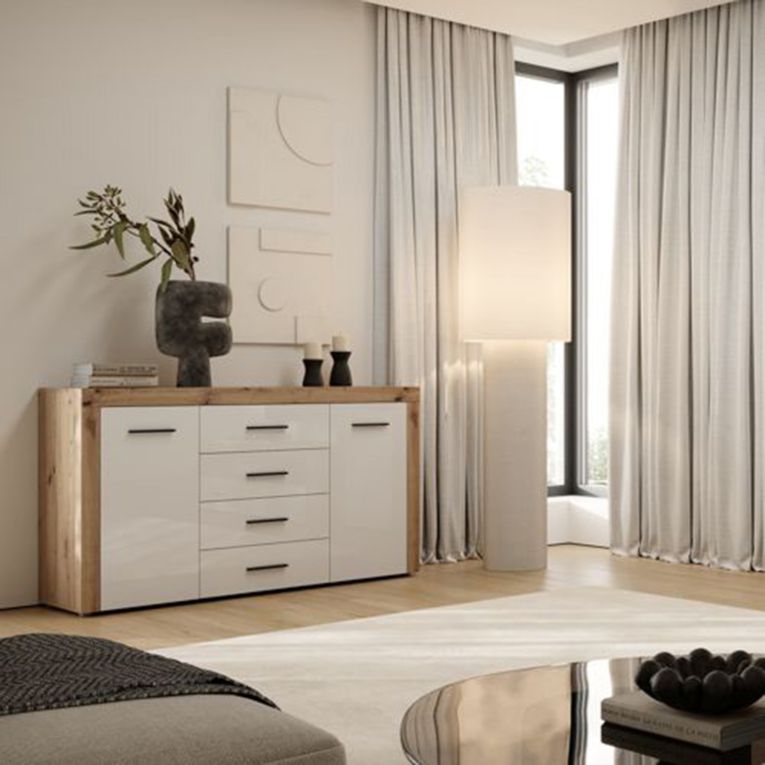 Credenza Marrone Rovere Bianco 4 Cassetti 4 Ripiani 155x42x88h cm, Apertura Battente, Scorrevole - Lemaseti