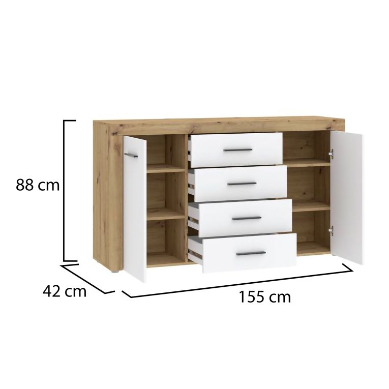 Credenza Marrone Rovere Bianco 4 Cassetti 4 Ripiani 155x42x88h cm, Apertura Battente, Scorrevole - Lemaseti