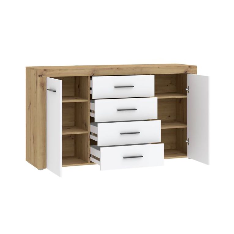Credenza Marrone Rovere Bianco 4 Cassetti 4 Ripiani 155x42x88h cm, Apertura Battente, Scorrevole - Lemaseti