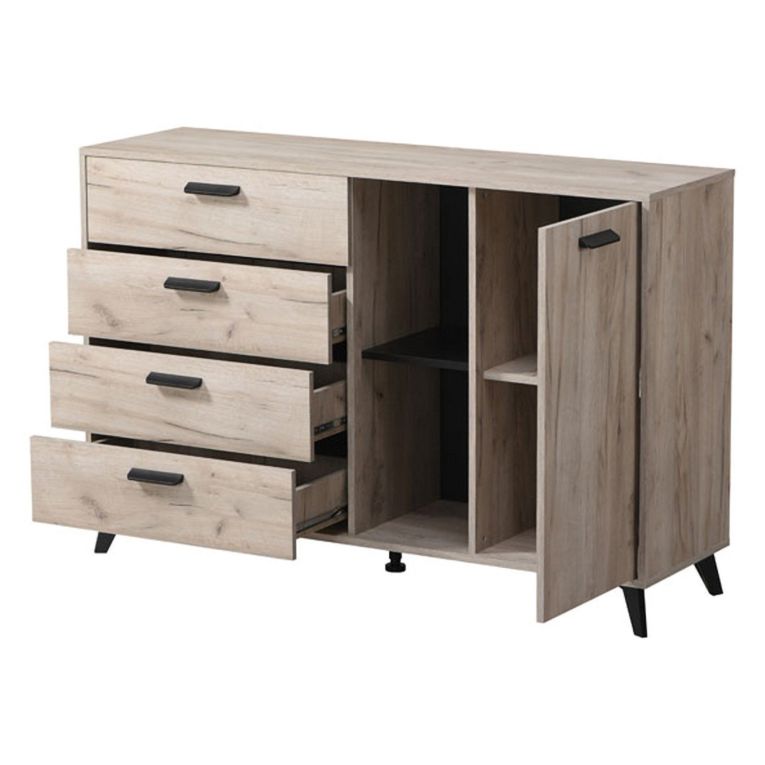 Credenza Marrone Rovere Grigio Nero 4 Cassetti 2 Ripiani 137.5x40x90.5h cm, Apertura Battente e Scorrevole - Issogne