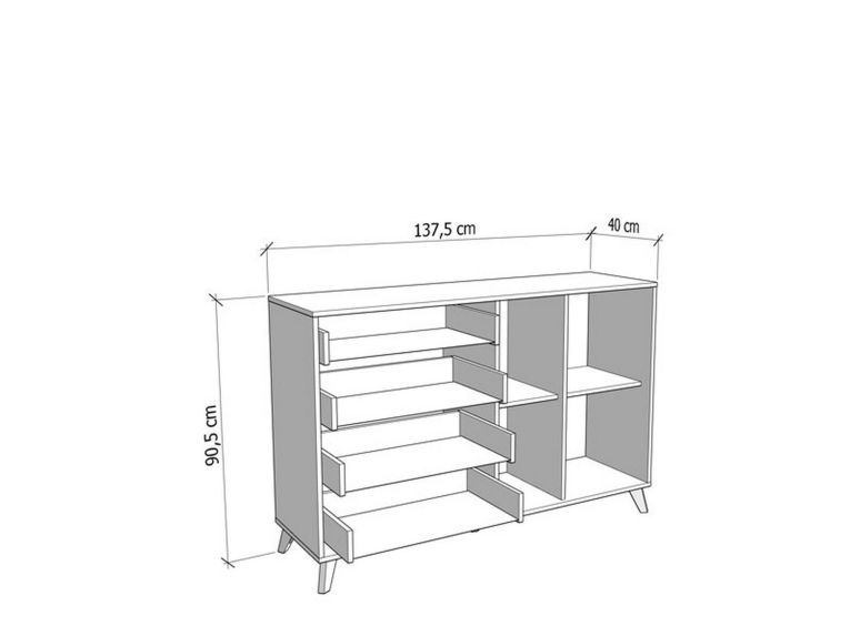 Credenza Marrone Rovere Grigio Nero 4 Cassetti 2 Ripiani 137.5x40x90.5h cm, Apertura Battente e Scorrevole - Issogne