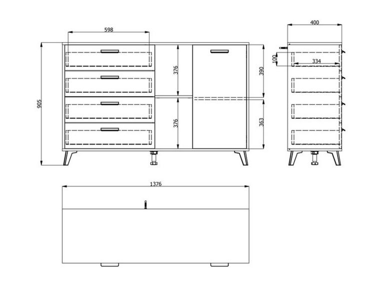 Credenza Marrone Rovere Grigio Nero 4 Cassetti 2 Ripiani 137.5x40x90.5h cm, Apertura Battente e Scorrevole - Issogne