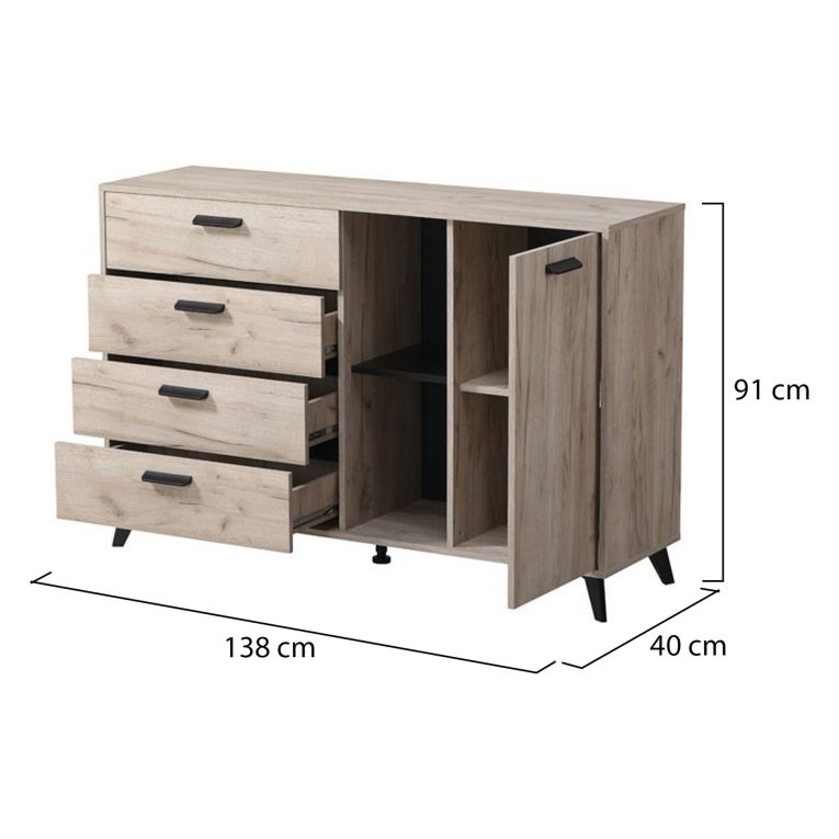 Credenza Marrone Rovere Grigio Nero 4 Cassetti 2 Ripiani 137.5x40x90.5h cm, Apertura Battente e Scorrevole - Issogne