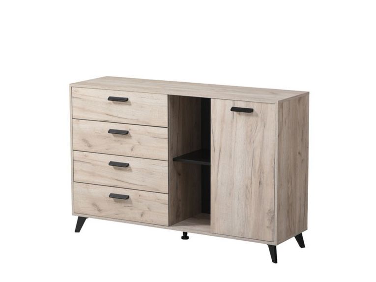 Credenza Marrone Rovere Grigio Nero 4 Cassetti 2 Ripiani 137.5x40x90.5h cm, Apertura Battente e Scorrevole - Issogne