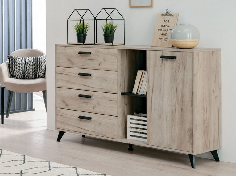 Credenza Marrone Rovere Grigio Nero 4 Cassetti 2 Ripiani 137.5x40x90.5h cm, Apertura Battente e Scorrevole - Issogne