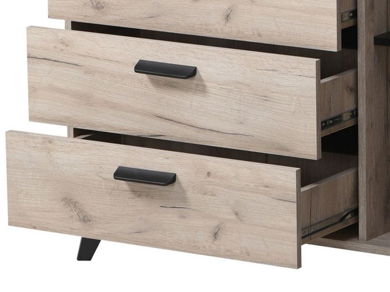Credenza Marrone Rovere Grigio Nero 4 Cassetti 2 Ripiani 137.5x40x90.5h cm, Apertura Battente e Scorrevole - Issogne