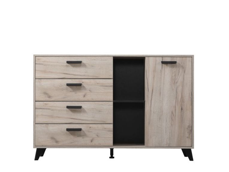 Credenza Marrone Rovere Grigio Nero 4 Cassetti 2 Ripiani 137.5x40x90.5h cm, Apertura Battente e Scorrevole - Issogne