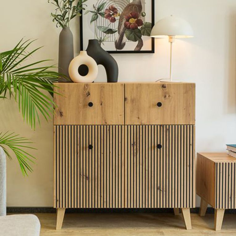 Credenza Marrone Rovere Nero 2 Ripiani 2 Cassetti 91x42x95h cm, 4 Vani - Lenema