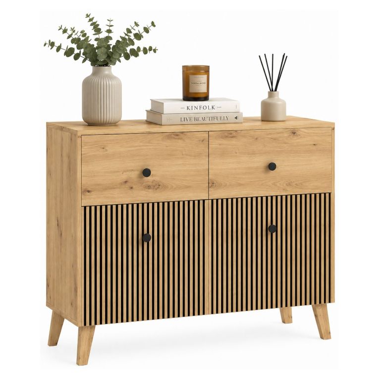 Credenza Marrone Rovere Nero 2 Ripiani 2 Cassetti 91x42x95h cm, 4 Vani - Lenema
