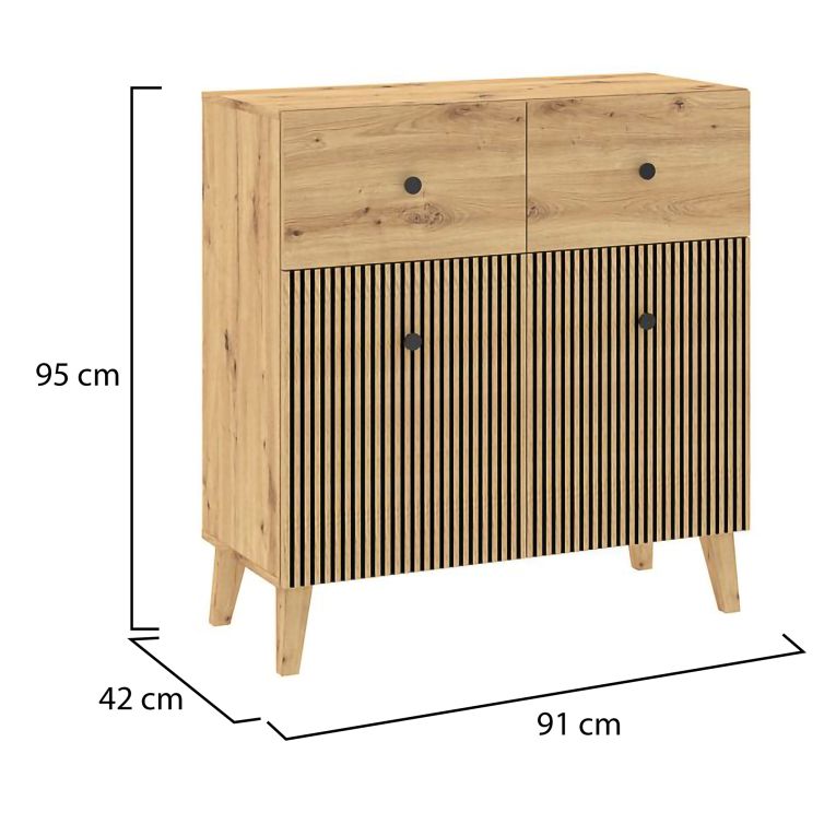 Credenza Marrone Rovere Nero 2 Ripiani 2 Cassetti 91x42x95h cm, 4 Vani - Lenema
