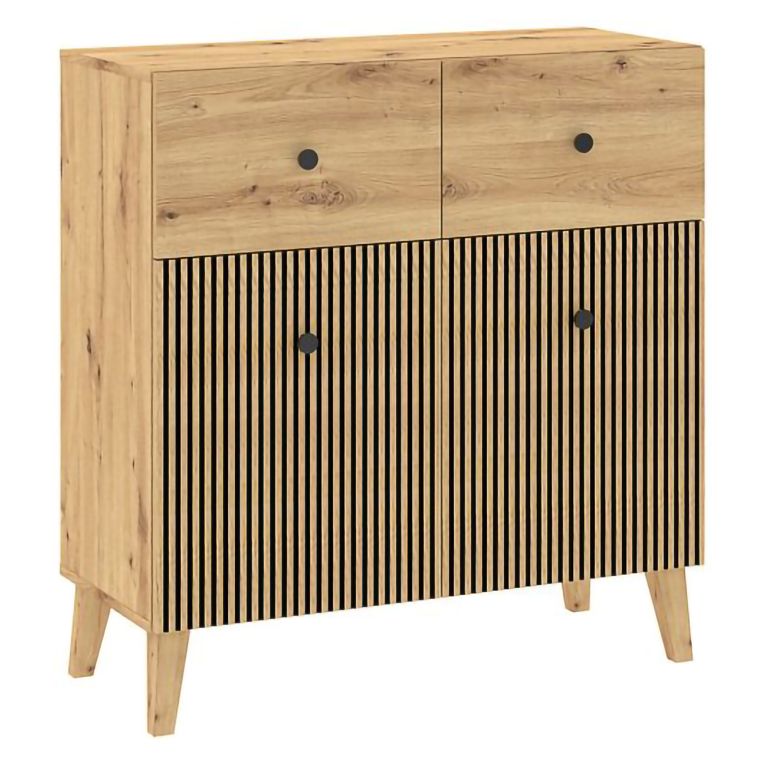 Credenza Marrone Rovere Nero 2 Ripiani 2 Cassetti 91x42x95h cm, 4 Vani - Lenema