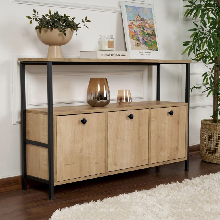 Credenza Marrone Rovere Nero 2 Ripiani 3 Vani 120x30x77h cm, 3 Ante - Noda
