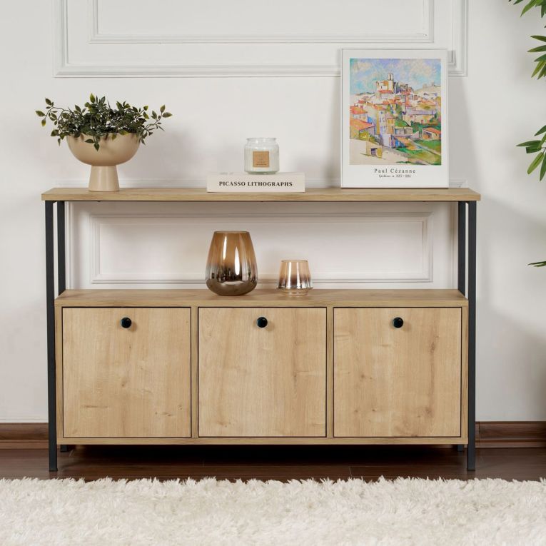 Credenza Marrone Rovere Nero 2 Ripiani 3 Vani 120x30x77h cm, 3 Ante - Noda