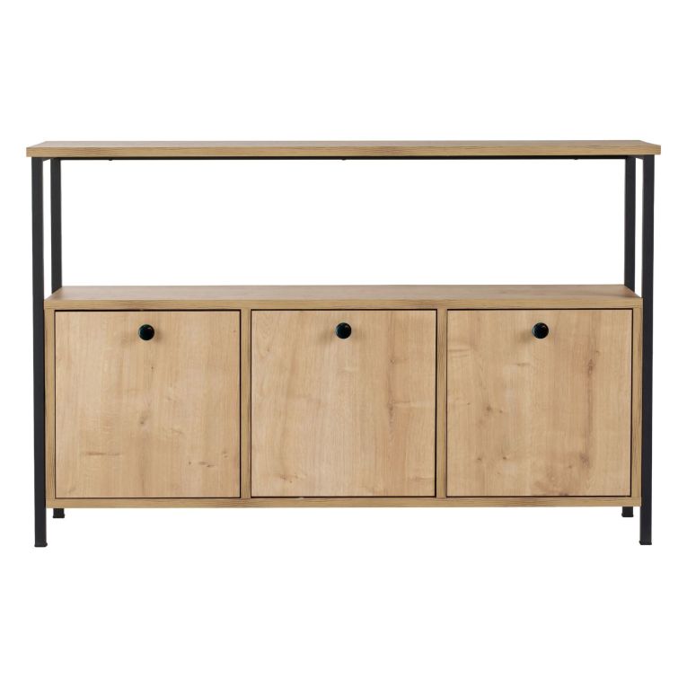 Credenza Marrone Rovere Nero 2 Ripiani 3 Vani 120x30x77h cm, 3 Ante - Noda
