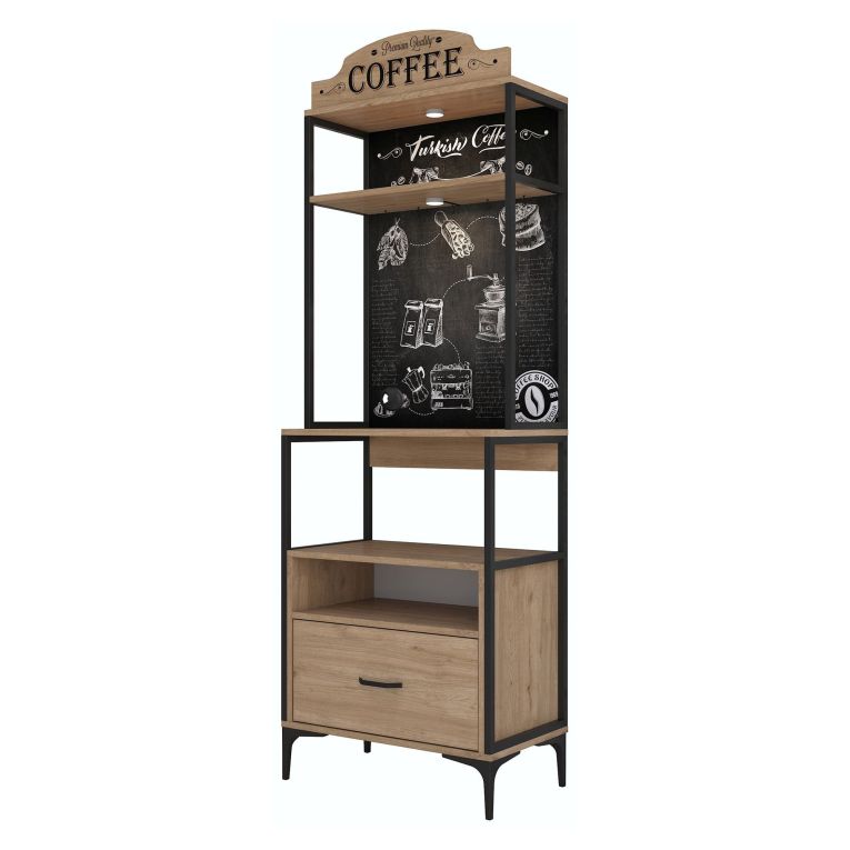 Credenza Marrone Rovere Nero 2 Ripiani un Cassetto 70x40x207h cm, Apertura Scorrevole - Nemol