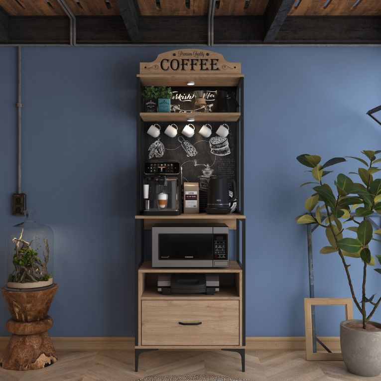 Credenza Marrone Rovere Nero 2 Ripiani un Cassetto 70x40x207h cm, Apertura Scorrevole - Nemol