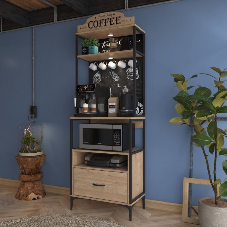 Credenza Marrone Rovere Nero 2 Ripiani un Cassetto 70x40x207h cm, Apertura Scorrevole - Nemol