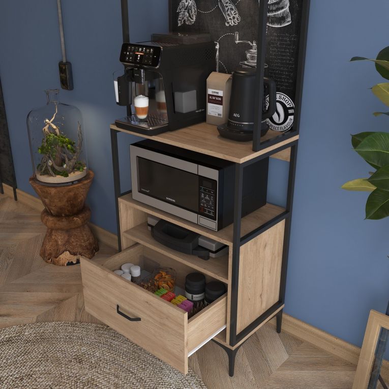 Credenza Marrone Rovere Nero 2 Ripiani un Cassetto 70x40x207h cm, Apertura Scorrevole - Nemol