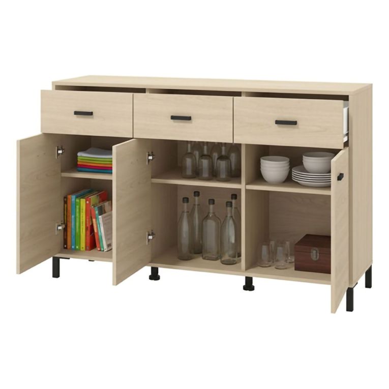Credenza Marrone Rovere Nero 3 Cassetti 3 Ripiani 138x40x90h cm, Apertura Battente e Scorrevole - Quassolo