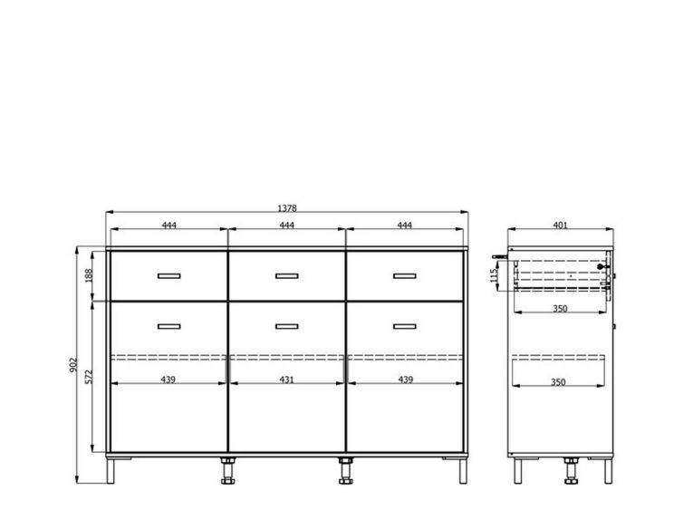 Credenza Marrone Rovere Nero 3 Cassetti 3 Ripiani 138x40x90h cm, Apertura Battente e Scorrevole - Quassolo