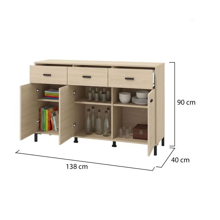 Credenza Marrone Rovere Nero 3 Cassetti 3 Ripiani 138x40x90h cm, Apertura Battente e Scorrevole - Quassolo