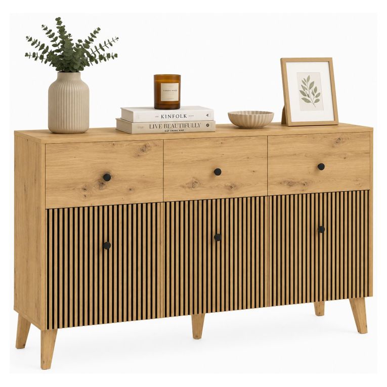 Credenza Marrone Rovere Nero 3 Ripiani 3 Cassetti 135x42x95h cm, 6 Vani - Lepa