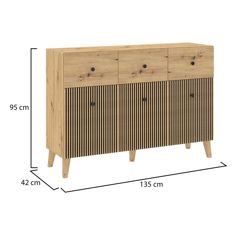 Credenza Marrone Rovere Nero 3 Ripiani 3 Cassetti 135x42x95h cm, 6 Vani - Lepa