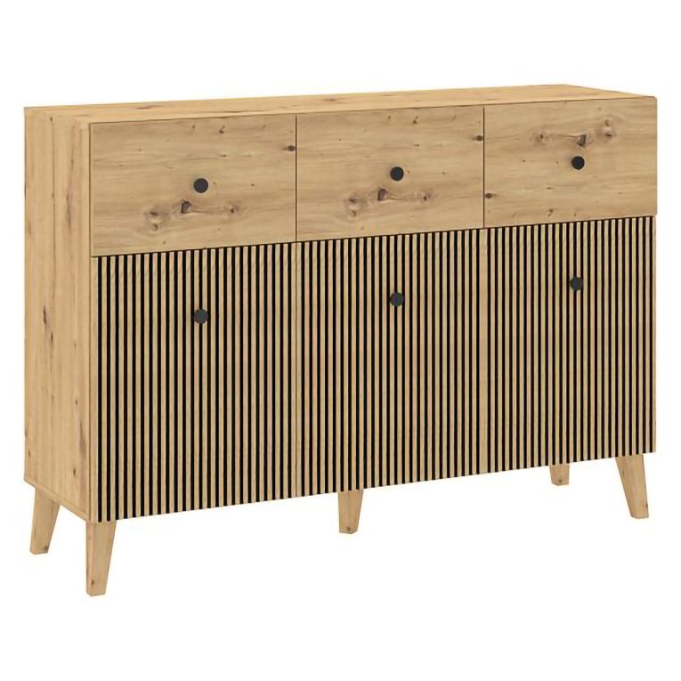 Credenza Marrone Rovere Nero 3 Ripiani 3 Cassetti 135x42x95h cm, 6 Vani - Lepa