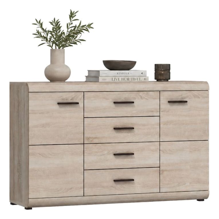 Credenza Marrone Rovere Nero 4 Cassetti 2 Ripiani 140x42x87h cm, Apertura Battente, Scorrevole - Hamireso