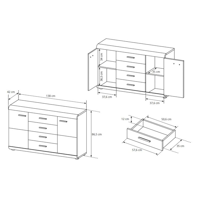 Credenza Marrone Rovere Nero 4 Cassetti 2 Ripiani 140x42x87h cm, Apertura Battente, Scorrevole - Hamireso