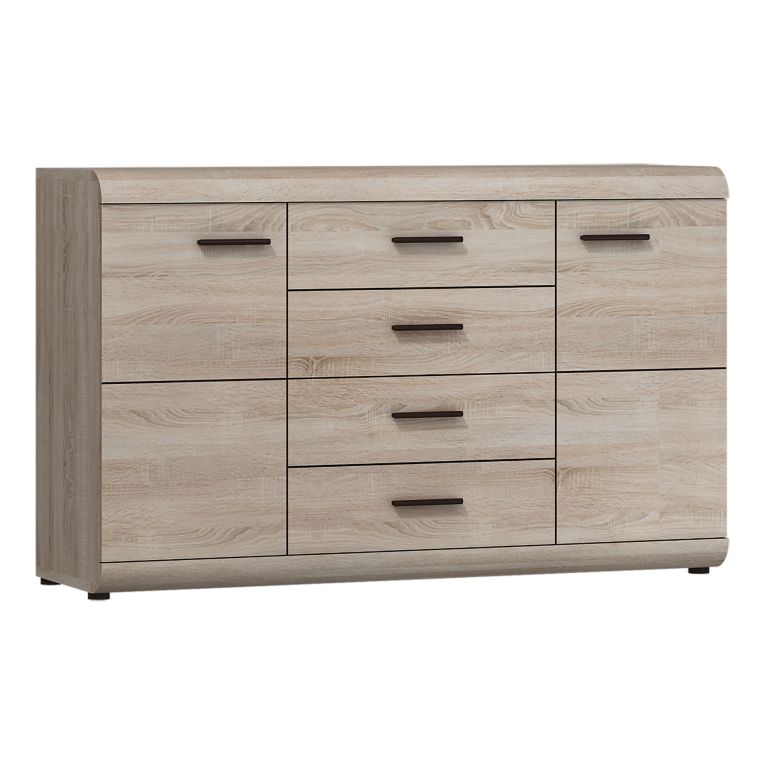 Credenza Marrone Rovere Nero 4 Cassetti 2 Ripiani 140x42x87h cm, Apertura Battente, Scorrevole - Hamireso