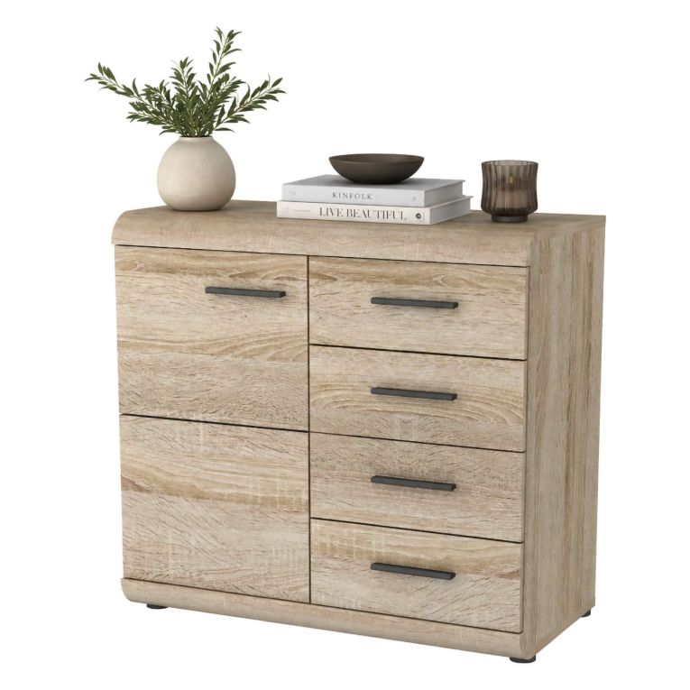 Credenza Marrone Rovere Nero 4 Cassetti 2 Ripiani 80x42x87h cm, Apertura Battente, Scorrevole - Hamo