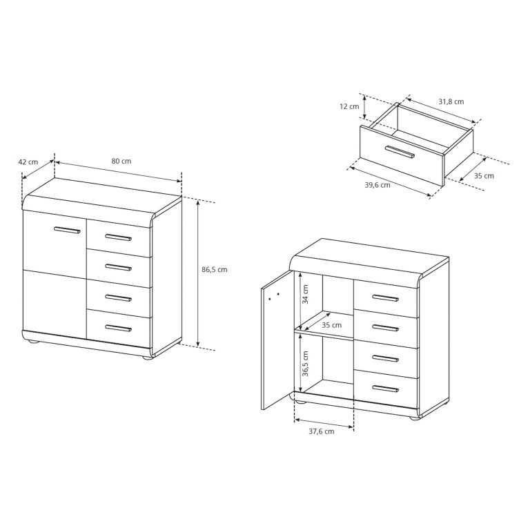 Credenza Marrone Rovere Nero 4 Cassetti 2 Ripiani 80x42x87h cm, Apertura Battente, Scorrevole - Hamo