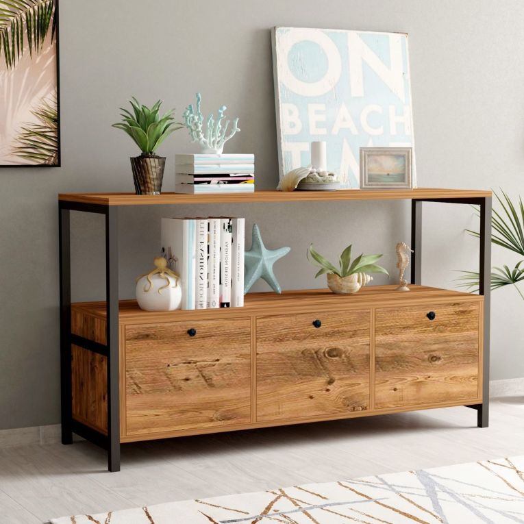 Credenza Marrone Rovere Nero 4 Vani 3 Ante 120x30x75h cm, Apertura a Ribalta - Amiterno