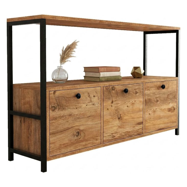 Credenza Marrone Rovere Nero 4 Vani 3 Ante 120x30x75h cm, Apertura a Ribalta - Amiterno