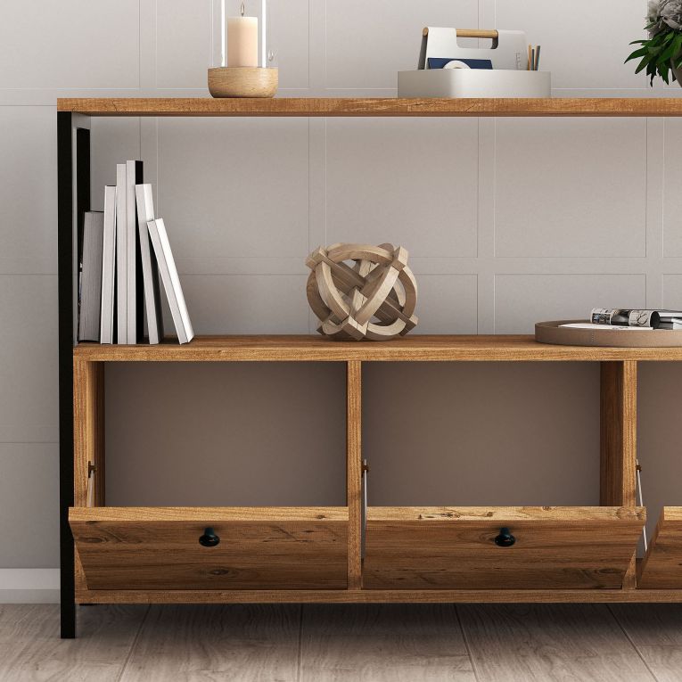 Credenza Marrone Rovere Nero 4 Vani 3 Ante 120x30x75h cm, Apertura a Ribalta - Amiterno