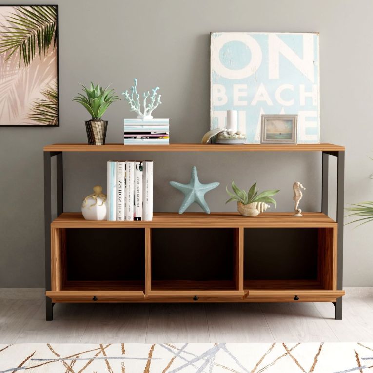 Credenza Marrone Rovere Nero 4 Vani 3 Ante 120x30x75h cm, Apertura a Ribalta - Amiterno