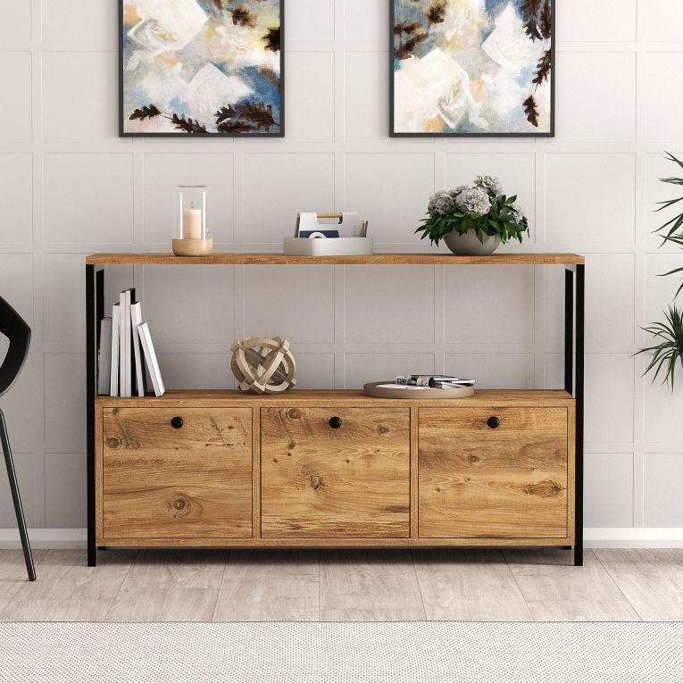 Credenza Marrone Rovere Nero 4 Vani 3 Ante 120x30x75h cm, Apertura a Ribalta - Amiterno