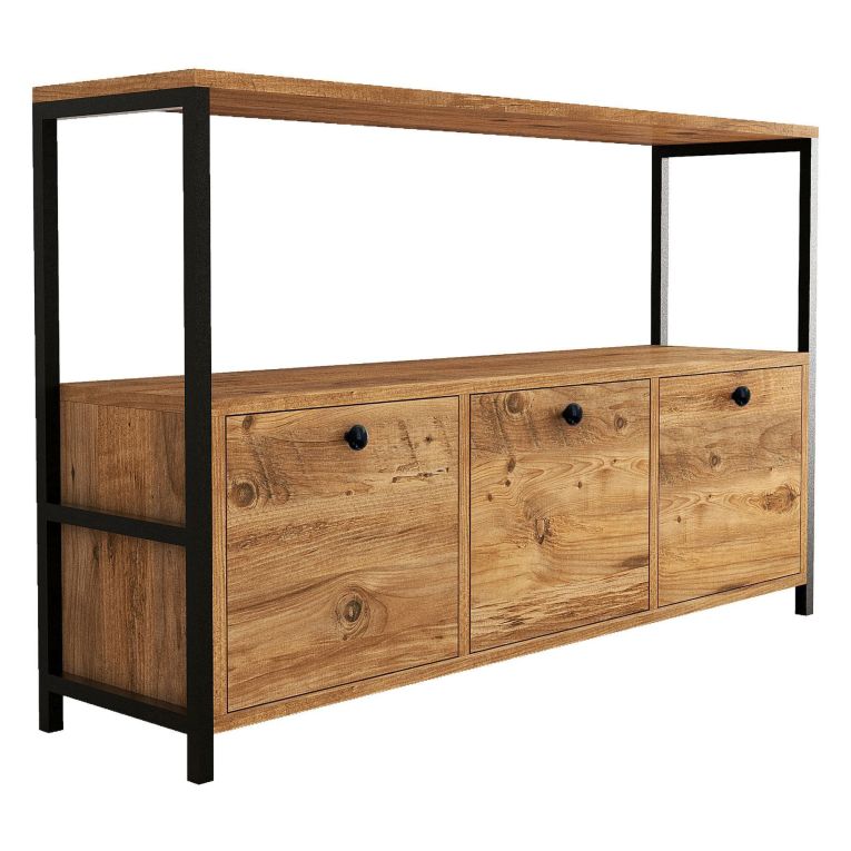 Credenza Marrone Rovere Nero 4 Vani 3 Ante 120x30x75h cm, Apertura a Ribalta - Amiterno