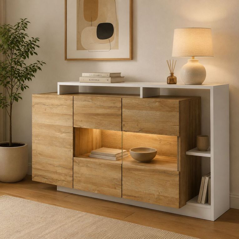 Credenza Marrone Rovere Nero 8 Ripiani Apertura Battente 155x44x94h cm, 3 Ante - Hafa