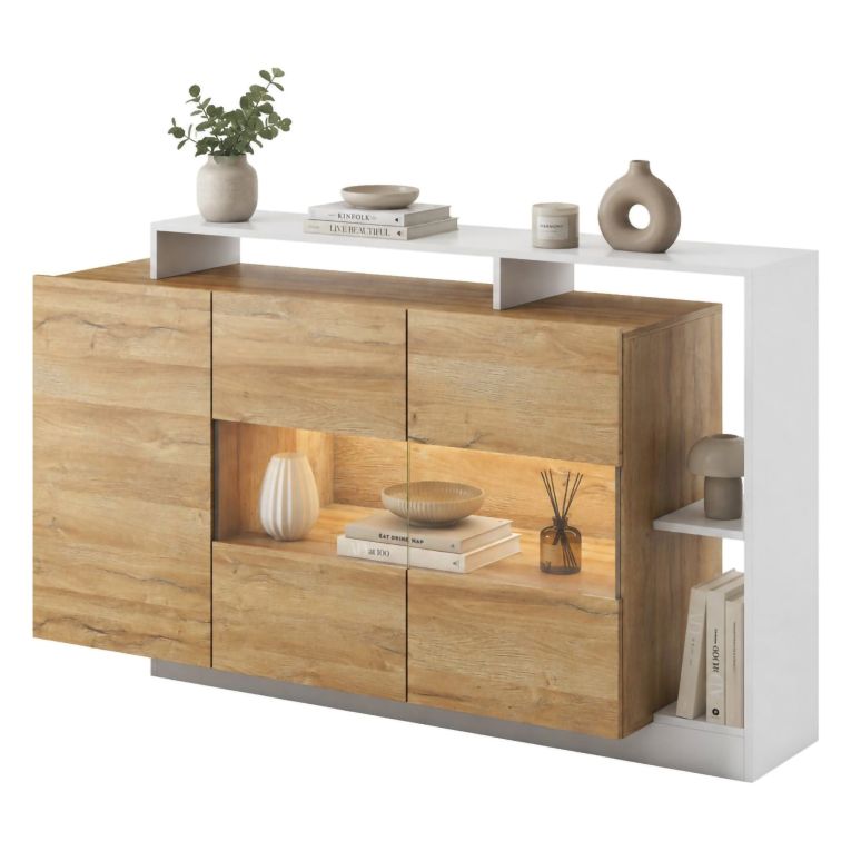 Credenza Marrone Rovere Nero 8 Ripiani Apertura Battente 155x44x94h cm, 3 Ante - Hafa
